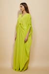 Masumi Mewawalla_Green Natural Crepe Plain V Neck Cinched Centre Waist Kaftan _Online_at_Aza_Fashions