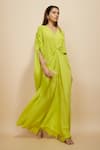 Buy_Masumi Mewawalla_Green Natural Crepe Plain V Neck Cinched Centre Waist Kaftan _Online_at_Aza_Fashions