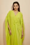 Shop_Masumi Mewawalla_Green Natural Crepe Plain V Neck Cinched Centre Waist Kaftan _Online_at_Aza_Fashions