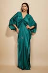 Buy_Masumi Mewawalla_Green Modal Satin Plain V Neck Draped Front Kaftan _at_Aza_Fashions