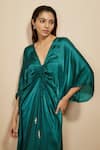 Masumi Mewawalla_Green Modal Satin Plain V Neck Draped Front Kaftan _Online_at_Aza_Fashions