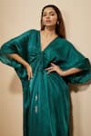 Shop_Masumi Mewawalla_Green Modal Satin Plain V Neck Draped Front Kaftan _Online_at_Aza_Fashions