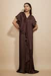 Buy_Masumi Mewawalla_Brown Modal Satin Plain V Neck Layered Kaftan _at_Aza_Fashions