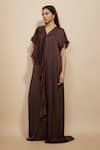 Masumi Mewawalla_Brown Modal Satin Plain V Neck Layered Kaftan _Online_at_Aza_Fashions