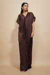 Buy_Masumi Mewawalla_Brown Modal Satin Plain V Neck Layered Kaftan _Online_at_Aza_Fashions