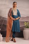 Buy_OMI_Blue Silk Embroidered Thread Notched Mina Yoke Kurta Pant Set _at_Aza_Fashions