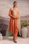 Buy_OMI_Peach Chanderi Embroidered Mirror Notched Sana Kurta Pant Set _at_Aza_Fashions