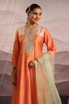 OMI_Peach Chanderi Embroidered Thread Notched Sana Yoke Kurta Pant Set _at_Aza_Fashions