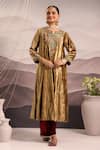 OMI_Gold Velvet Hand Embroidered Patchwork Notched Round Neck Kurta Pant Set _at_Aza_Fashions