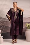 Buy_OMI_Wine Velvet Hand Embroidered Dabka V Neck Floral Kaftan With Pant _at_Aza_Fashions