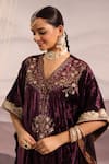 Shop_OMI_Wine Velvet Hand Embroidered Dabka V Neck Floral Kaftan With Pant _Online_at_Aza_Fashions