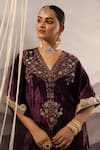 OMI_Wine Velvet Hand Embroidered Dabka V Neck Floral Kaftan With Pant _at_Aza_Fashions