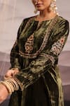 OMI_Green Velvet Hand Embroidered Dabka Notched Round Mughal Kurta Salwar Set _at_Aza_Fashions