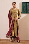 Buy_OMI_Gold Velvet Hand Embroidered Sequin Notched Round Floral A-line Kurta Pant Set _at_Aza_Fashions