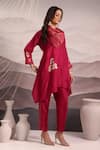 Buy_OMI_Magenta Silk Embroidery Lace Cowl Floral Asymmetric Kurta With Pant _at_Aza_Fashions