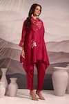 Shop_OMI_Magenta Silk Embroidery Lace Cowl Floral Asymmetric Kurta With Pant _Online_at_Aza_Fashions