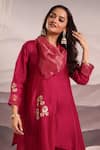 OMI_Magenta Silk Embroidery Lace Cowl Floral Asymmetric Kurta With Pant _at_Aza_Fashions