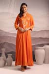 Buy_OMI_Orange Silk Embroidery Stripe Tissue V-neck Floral Kalidar Kurta _at_Aza_Fashions