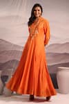 Buy_OMI_Orange Silk Embroidery Stripe Tissue V-neck Floral Kalidar Kurta _Online_at_Aza_Fashions