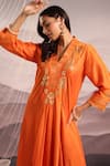 Shop_OMI_Orange Silk Embroidery Stripe Tissue V-neck Floral Kalidar Kurta _Online_at_Aza_Fashions