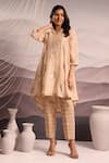 Buy_OMI_Beige Chanderi Embroidery Stripe Tissue V-neck Floral High Low Kurta With Pant _at_Aza_Fashions