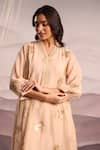 Buy_OMI_Beige Chanderi Embroidery Stripe Tissue V-neck Floral High Low Kurta With Pant _Online_at_Aza_Fashions