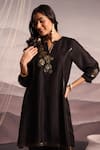 OMI_Black Silk Embroidery Lace Notched Floral Sequin Kurta With Pant _at_Aza_Fashions