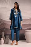 OMI_Blue Silk Embroidery Stripe Lace Notched Floral High Low Kurta With Pant _Online_at_Aza_Fashions