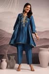 Buy_OMI_Blue Silk Embroidery Stripe Lace Notched Floral High Low Kurta With Pant _Online_at_Aza_Fashions