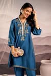 OMI_Blue Silk Embroidery Stripe Lace Notched Floral High Low Kurta With Pant _at_Aza_Fashions