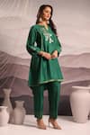 Buy_OMI_Green Silk Embroidery Stripe Lace Notched Sequin High Low Kurta With Pant _at_Aza_Fashions