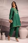 Buy_OMI_Green Silk Embroidery Stripe Lace Notched Sequin High Low Kurta With Pant _Online_at_Aza_Fashions