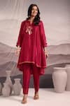 Buy_OMI_Magenta Silk Embroidery Stripe Lace Notched Floral High Low Kurta With Pant _at_Aza_Fashions