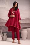 Buy_OMI_Magenta Silk Embroidery Stripe Lace Notched Floral High Low Kurta With Pant _Online_at_Aza_Fashions