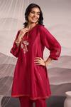 Shop_OMI_Magenta Silk Embroidery Stripe Lace Notched Floral High Low Kurta With Pant _Online_at_Aza_Fashions