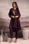 Buy_OMI_Wine Silk Embroidery Stripe Lace Notched Floral Yoke Kurta With Pant _at_Aza_Fashions