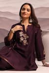 OMI_Wine Silk Embroidery Stripe Lace Notched Floral Yoke Kurta With Pant _at_Aza_Fashions