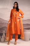 Buy_OMI_Orange Silk Embroidery Lace V-neck Floral Sequin Kurta And Pant Set _at_Aza_Fashions