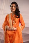 OMI_Orange Silk Embroidery Lace V-neck Floral Sequin Kurta And Pant Set _at_Aza_Fashions