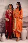 Shop_OMI_Orange Silk Embroidery Lace V-neck Floral Sequin Kurta And Pant Set 