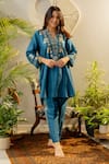 Buy_OMI_Blue Silk Embroidery Floral V-neck High Low Kurta With Straight Pant _at_Aza_Fashions