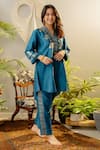 Shop_OMI_Blue Silk Embroidery Floral V-neck High Low Kurta With Straight Pant _Online_at_Aza_Fashions