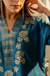 Buy_OMI_Blue Silk Embroidery Floral V-neck High Low Kurta With Straight Pant 