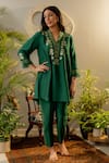 Buy_OMI_Green Silk Embroidery Floral V-neck High Low Kurta With Straight Pant _at_Aza_Fashions