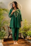 Shop_OMI_Green Silk Embroidery Floral V-neck High Low Kurta With Straight Pant _at_Aza_Fashions