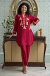 Buy_OMI_Magenta Silk Embroidery Floral V-neck Asymmetric Kurta With Pant _at_Aza_Fashions