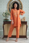 OMI_Orange Silk Embroidery Floral V-neck Sequin Asymmetric Kurta With Pant _Online_at_Aza_Fashions