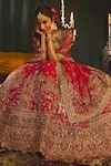 Roqa_Red Lehenga Raw Silk Embroidery Zardozi Leaf Neck Ahmar Bridal Set _Online_at_Aza_Fashions