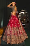 Shop_Roqa_Red Lehenga Raw Silk Embroidery Zardozi Leaf Neck Ahmar Bridal Set _at_Aza_Fashions