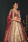 Roqa_Gold Lehenga Tissue Embroidery Zardozi Leaf Neck Arous Botanical Bridal Set _Online_at_Aza_Fashions